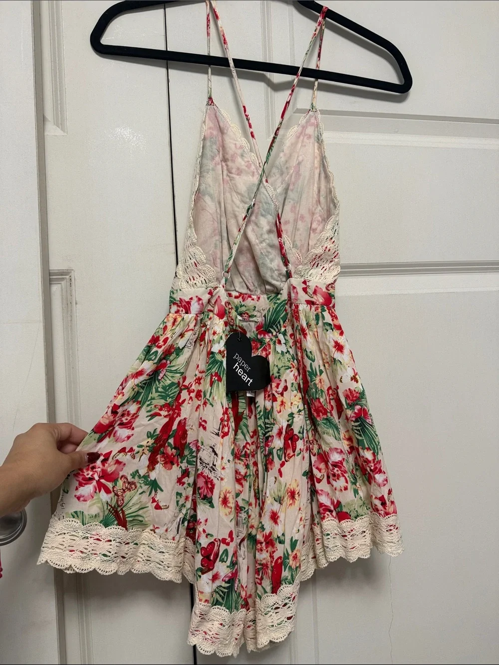 PAPER HEART Floral Lace-Trim Romper in Cream, Red & Green SZ 8